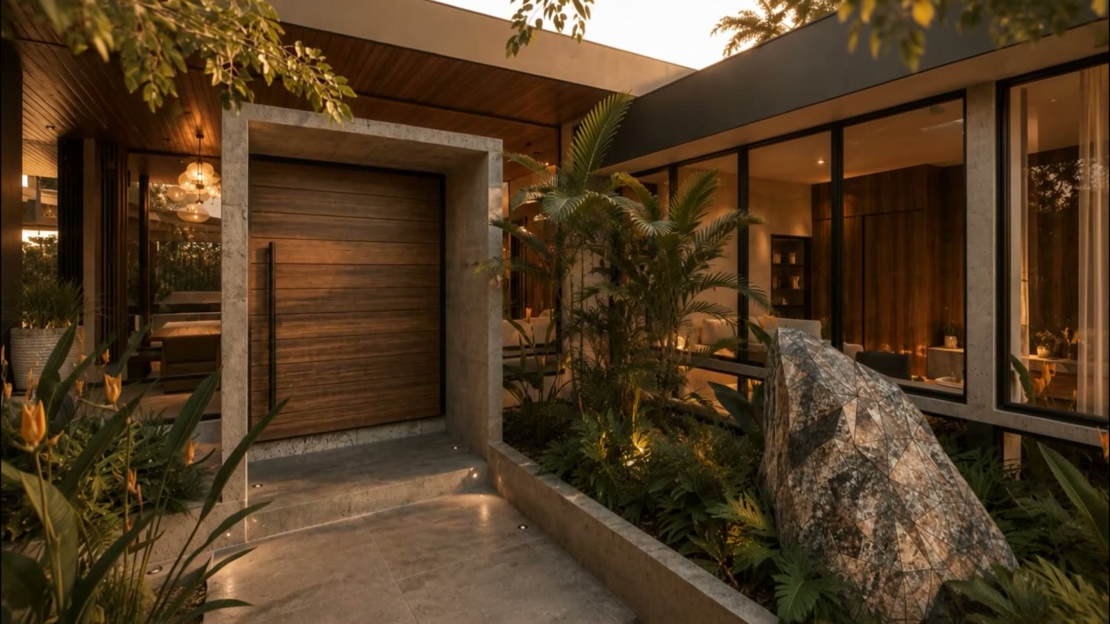 Pivoting wood entry door framed in concrete, lit at dusk