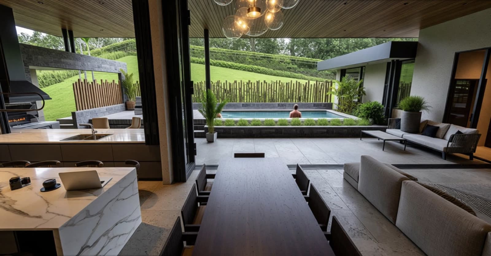Kitchen island and dining table opening onto the covered terrace and pool