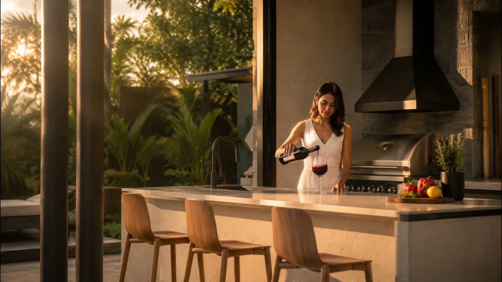 Outdoor kitchen and bar with BBQ at sunset