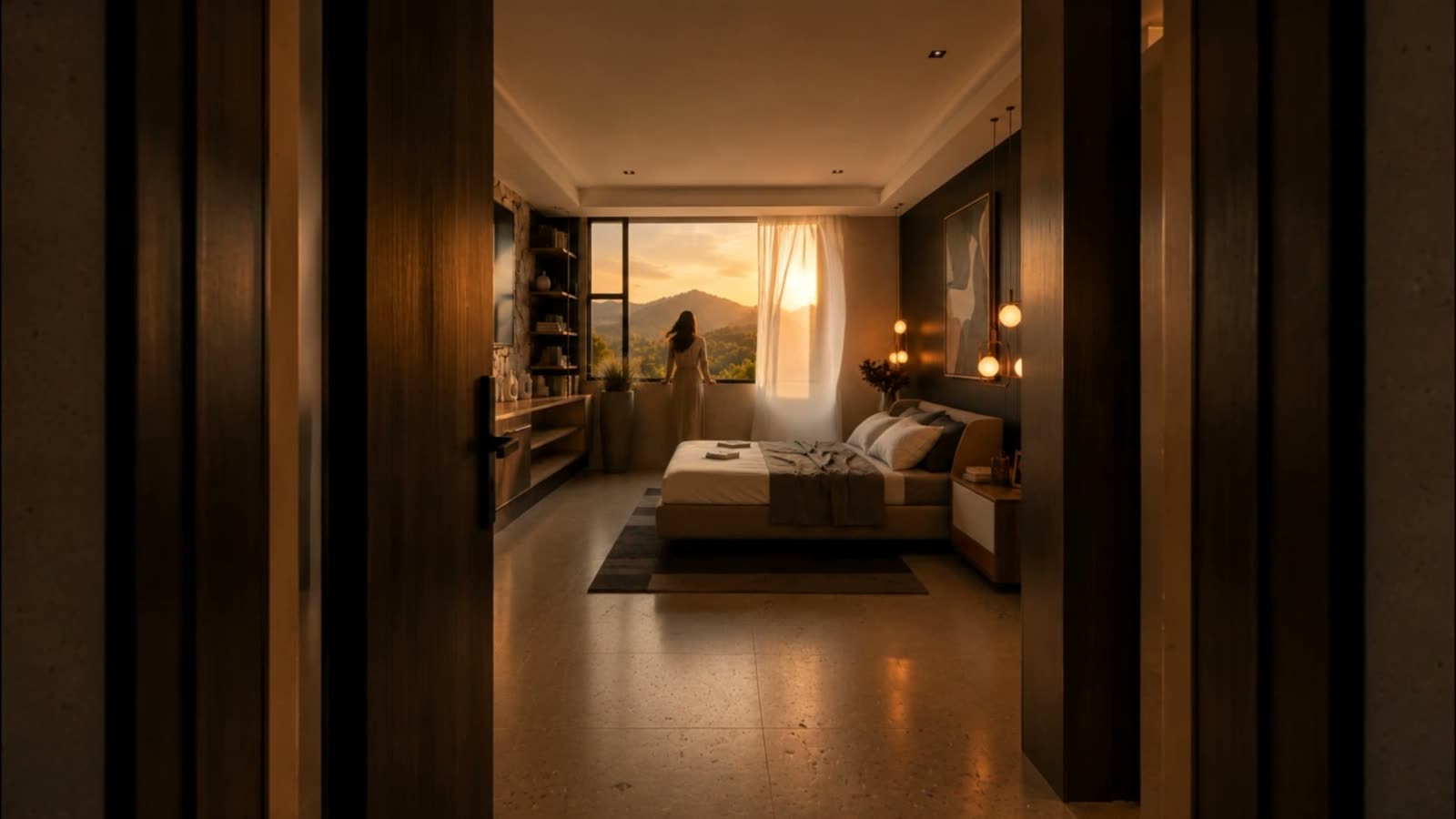 Principal bedroom seen through dark wood doors