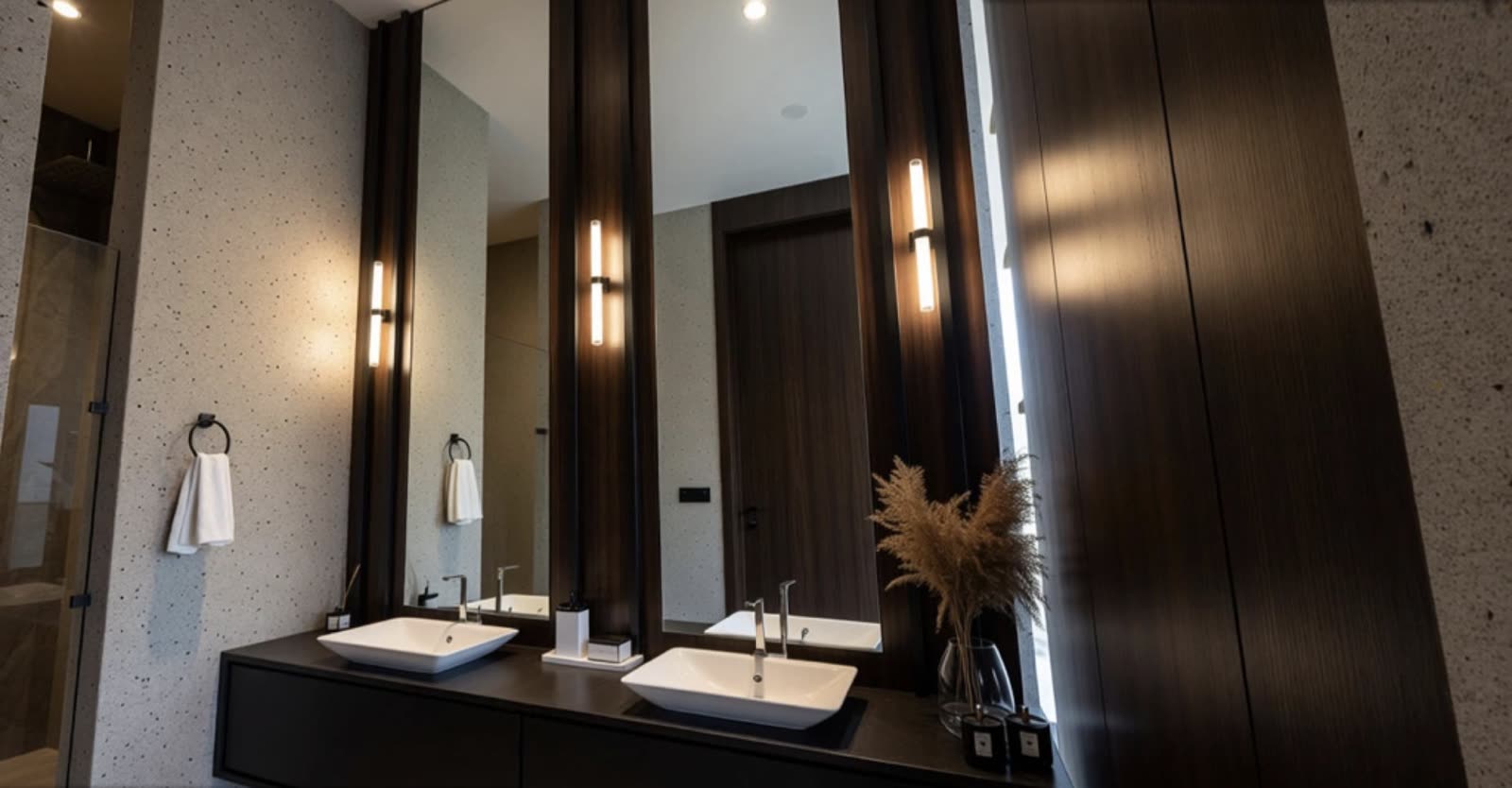 Double vanity in dark wood and terrazzo