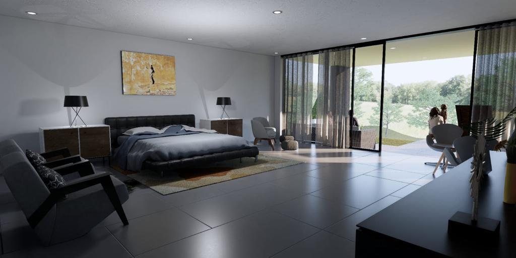 Render del dormitorio principal abierto al jardín