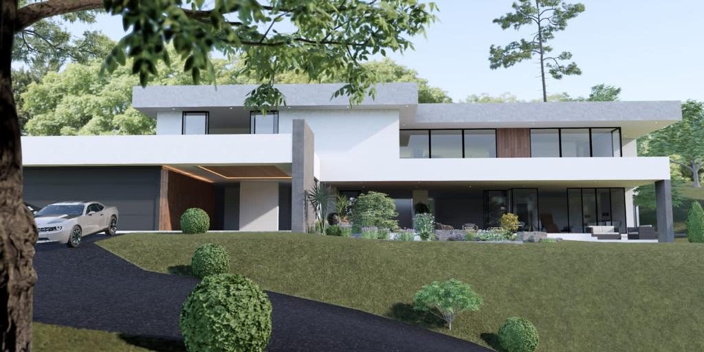 Render de una casa contemporánea de dos niveles con garaje y jardín en pendiente hacia la calle