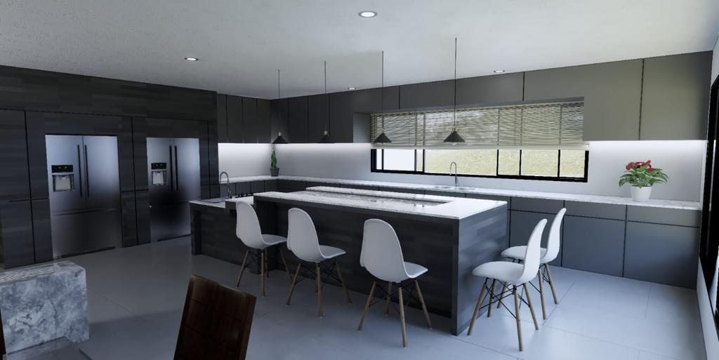 Render de una cocina con isla y desayunador