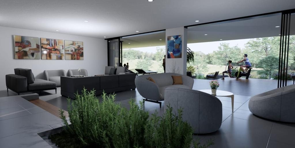 Render de una sala abierta hacia el jardín