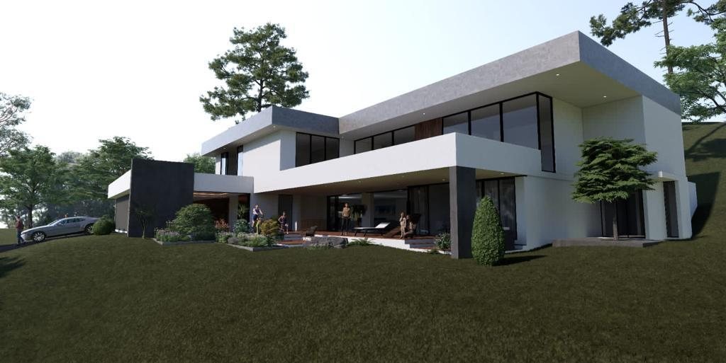 Render de la parte trasera de la casa con amplios ventanales