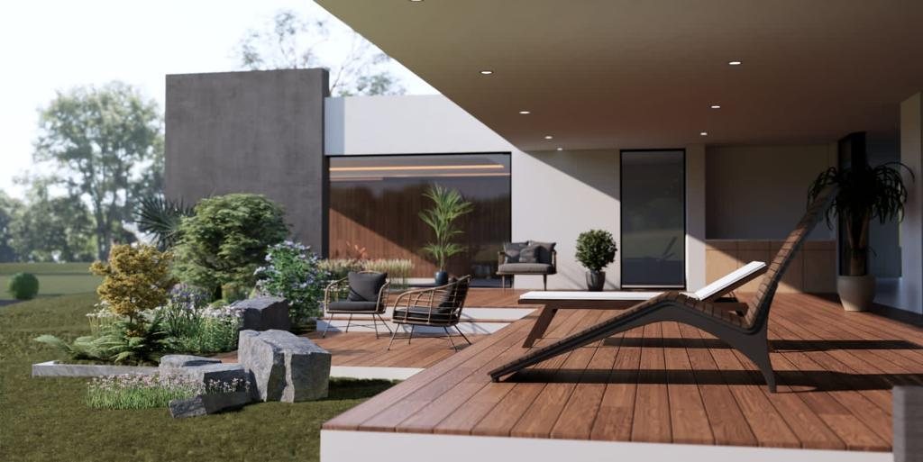Render de una terraza techada con deck de madera y tumbonas